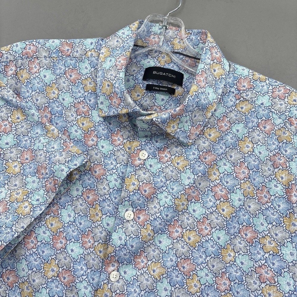 Bugatchi Shirt Mens XL Blue Floral Button Up Short Sleeve Stretch Cotton Spread